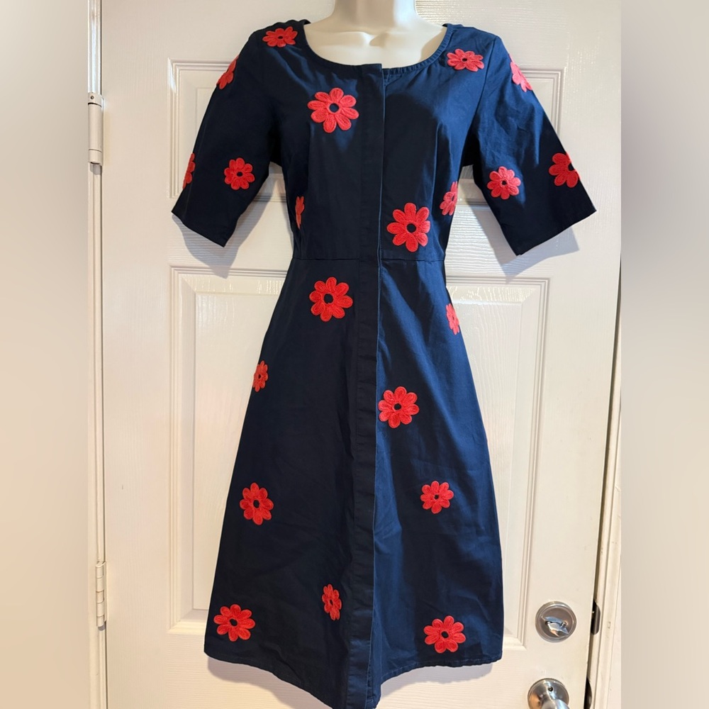 eShakti S4 Navy Blue Floral Embroidered Fit & Flare Midi Dress